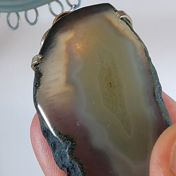 Green Agate Stalactite Pendant – Raw Slice Necklace + 20" Silver Snake Chain - Picture 7 of 10
